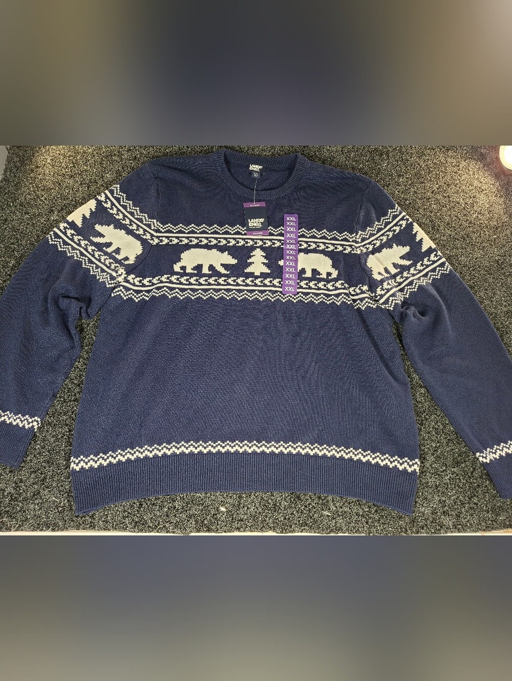 Lands' End Navy and Cream Bear Fair Isle Crewneck Sweater, Mens 2XL